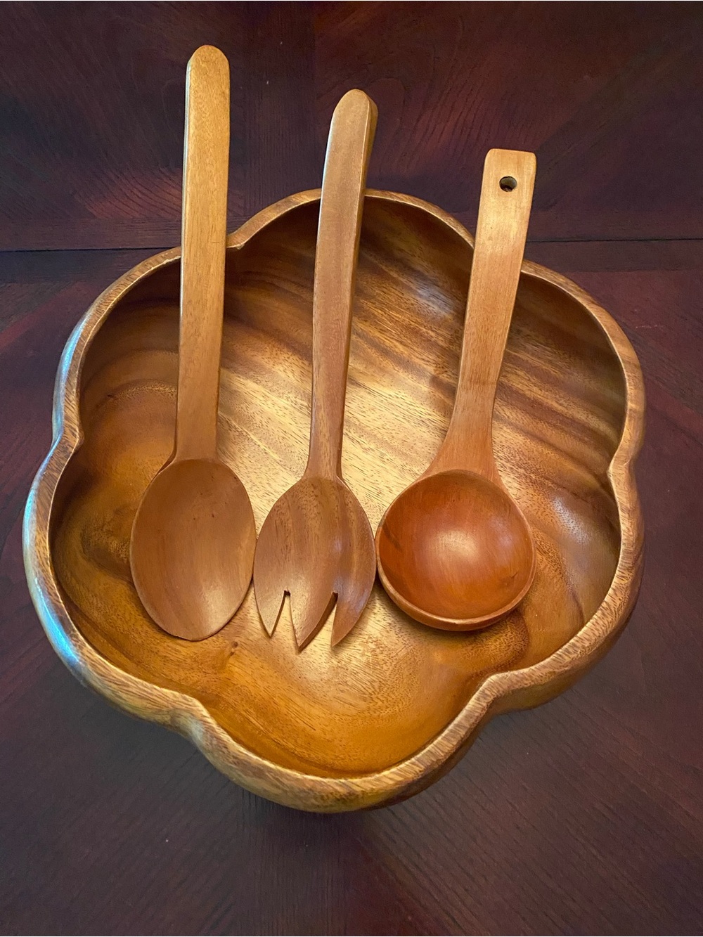 Handcrafted Wooden Salad Bowl Set with 3-Piece Serving utensils